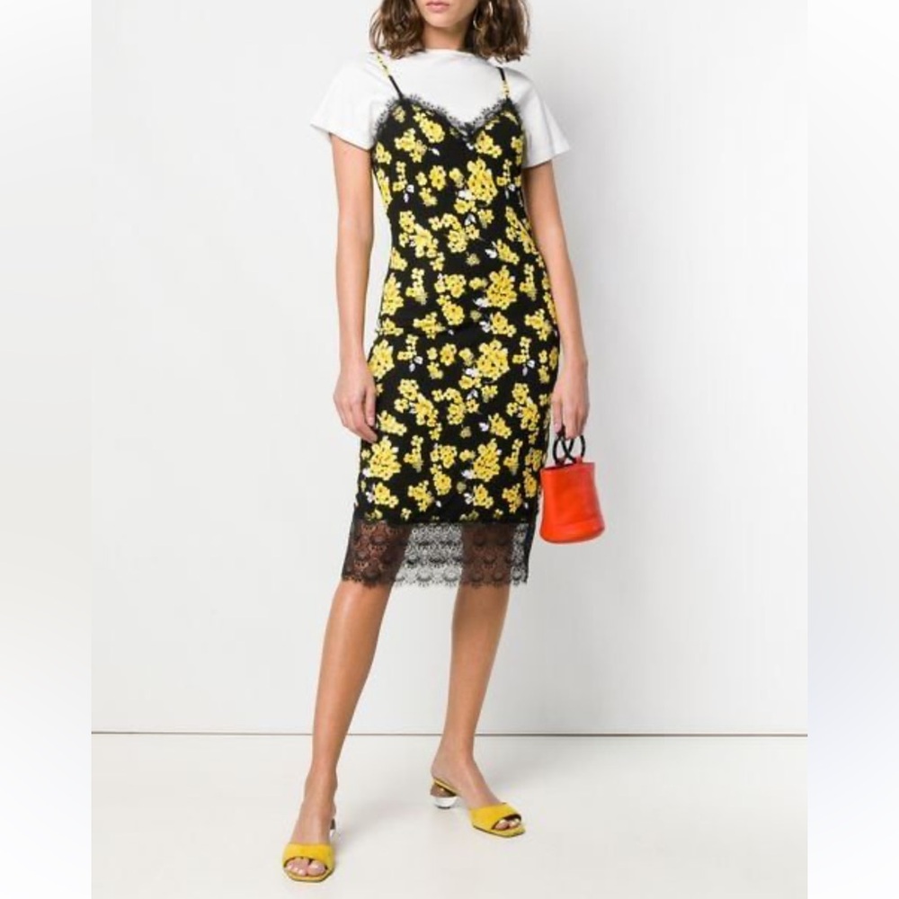 Michael Kors Glam Fleur Midi Dress Black/Yellow XXS Y2K floral slip dress